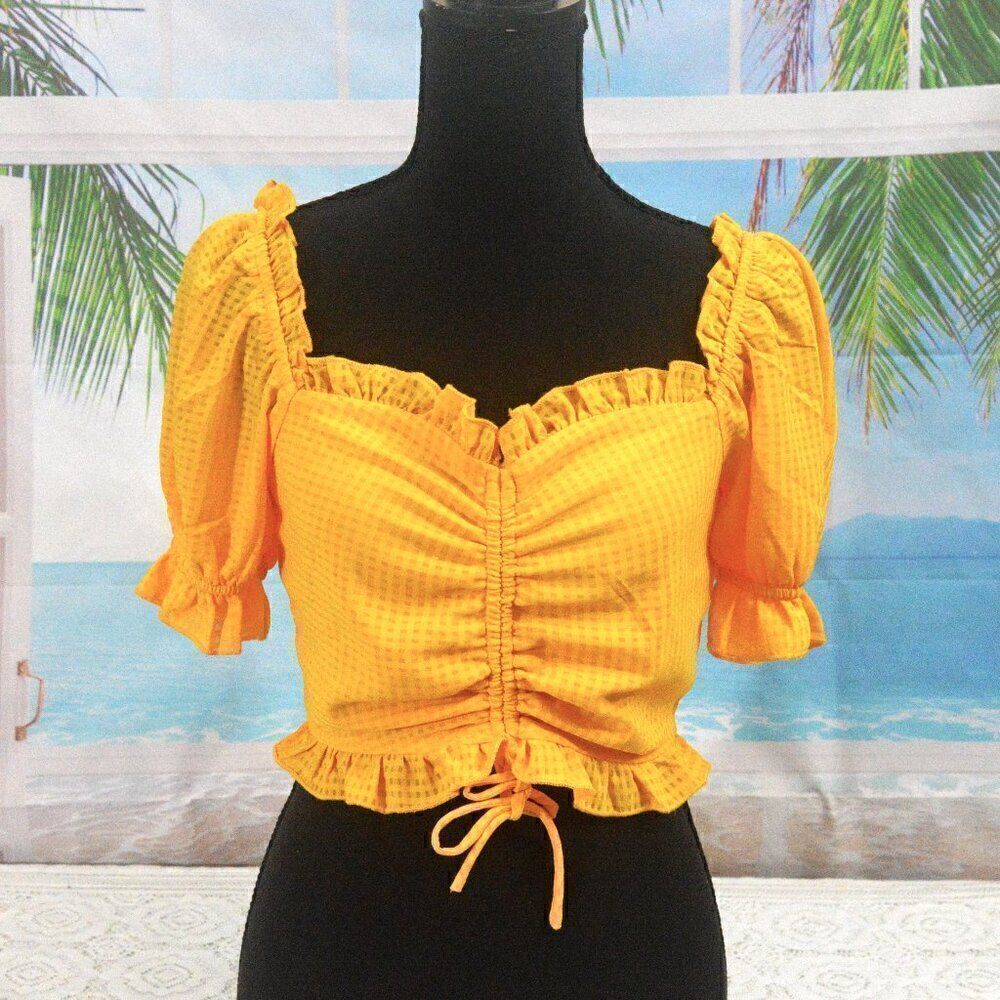 love & piece ruched top golden yellow puffed sleeves sweetheart neckline Sz S